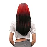 Perücke mit Farbverlauf, langes Haar, lang, synthetisch, hitzebeständig, seitlicher Pony, Halloween-Kostüm, Haarperücken für Frauen (Rot/Schwarz)