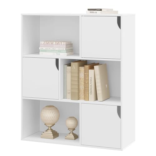 eSituro Bücherregal, Regal weiß mit 6 Würfeln, Würfelregal mit Türen, Standregal, Bücherschrank, Aufbewahrungsregal, für Bücher Spielzeug, aus Holzwerkstoff, 80x96x30 cm, weiß, SBKC0050