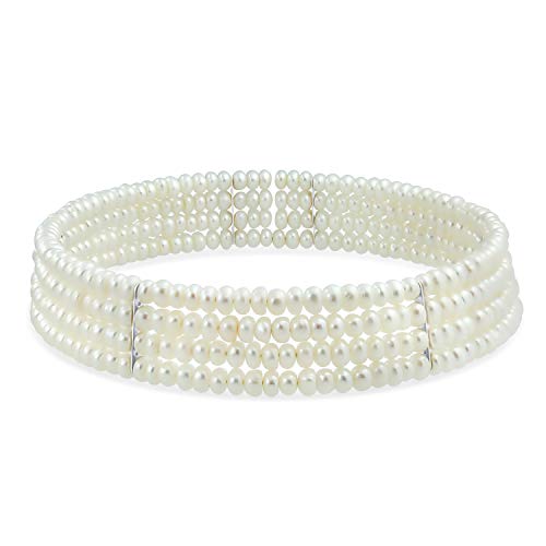 Breite 4 Reihe Weiß Süßwasser Kultiviert Perle Halsband Halskette Für Frauen Für Abschlussball Für Hochzeit Silber Vergoldet Bar Flexibel