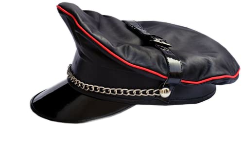 N? Muir-Kappe aus echtem Leder, mit schwarzem rotem Rand, für Motorradfahrer, Polizei-Kette, Gurtband, Schwarz , 58