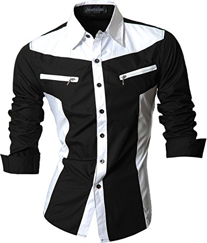 jeansian Herren Freizeit Hemden Shirt Tops Mode Langarmshirts Slim Fit (USA XL, Z018_Black)