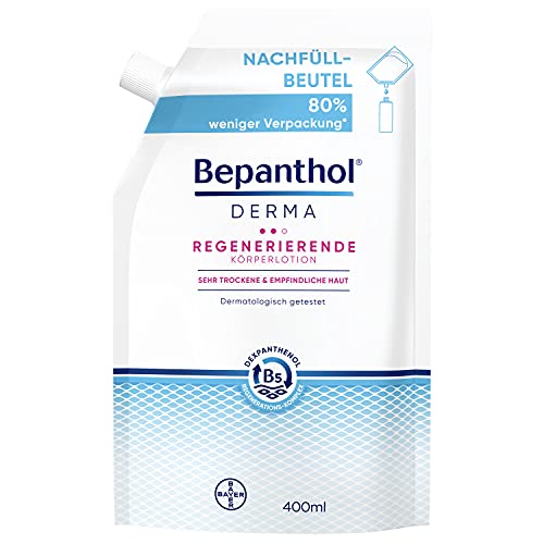 Bepanthol DERMA Regenerierende Körperlotion, Köperpflege für empfindliche und sehr trockene Haut, dermatologisch getestete Feuchtigkeitscreme, frei von Duftstoffen, 400 ml Nachfüllbeutel