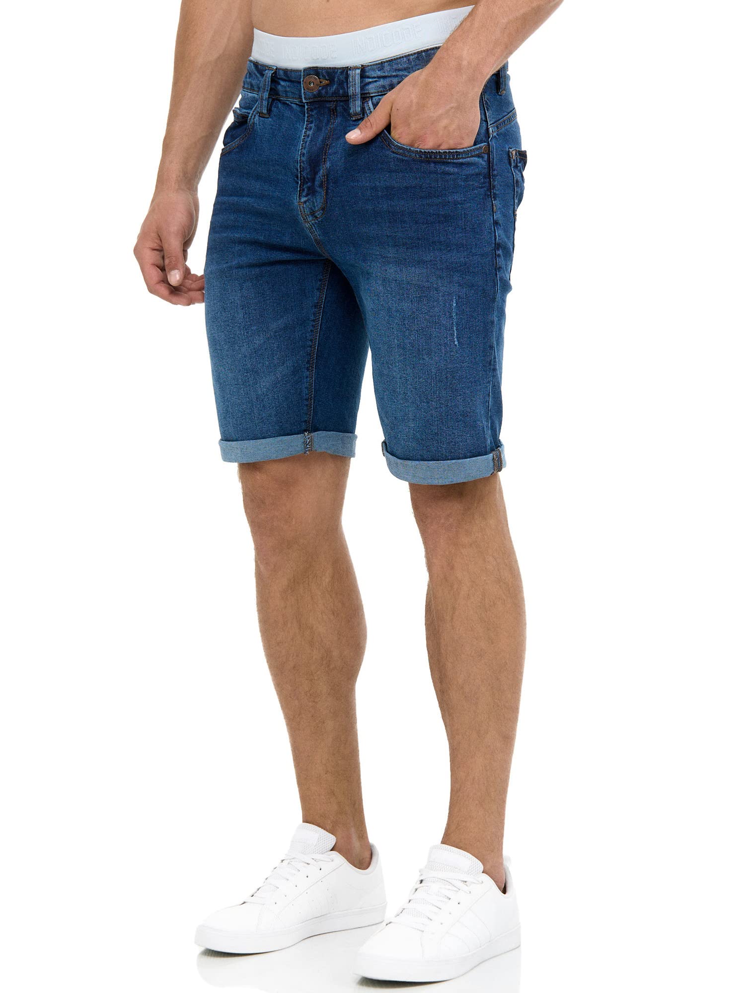 Indicode Herren Caden Jeans Shorts mit 5 Taschen | Herrenshorts Used Look für Männer Medium Indigo - Normal XL