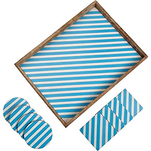 Penguin Home Aqua Blau und Weiß Striped Entwurf Serviertablett-Set für Tee/Kaffee und Lebensmittel mit 4 Quadratischen und 4 Passenden Runden Untersetzern