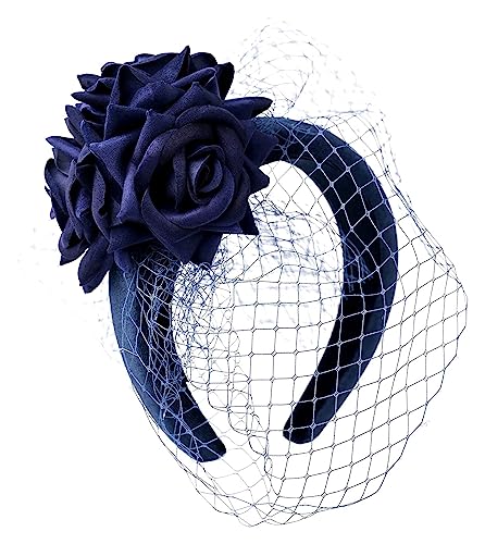 Fascinator-Stirnband, Tea-Party-Hüte, for Damen, königlicher Hochzeitsschleier, Blumen-Fascinator, Haarschmuck, Prinzessinnen-Haarband (Color : Navy, Size : 1)