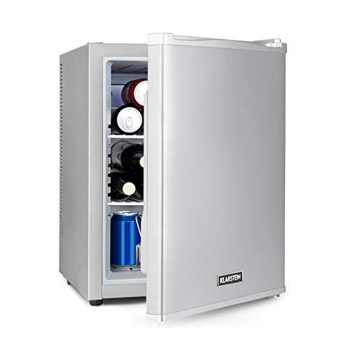 Klarstein Happy Hour - Minibar, Mini-Kühlschrank, Getränkekühlschrank, Kompression, Kühltemperatur: 5-15 °C, kleiner Kühlschrank lautlos: 0 dB, LED-Licht, Minikühlschrank mit 37 Liter, silber