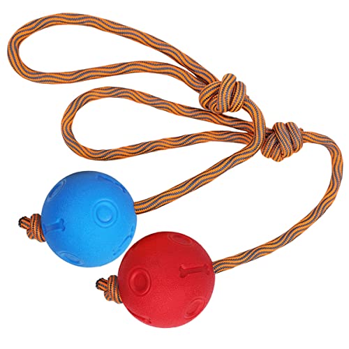 Hundespielzeug aus Seil, 2 Stück, Ball auf einem Seil, Hundespielzeug, unzerstörbar, natürlich, elastisch, Gummibälle zum Apportieren, Fangen, Werfen und Ziehen des Krieges (6 cm, blau + rot)