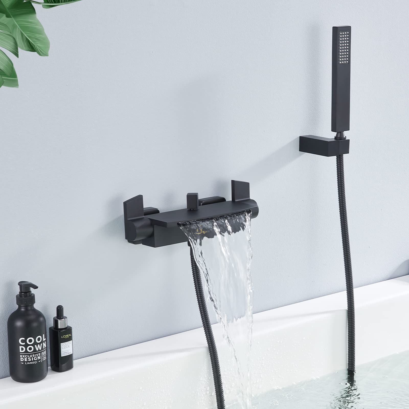 HOMELODY Schwarz Badewannenarmatur Wasserfall Armatur Badewanne Mischbatterie mit Brause Wannenarmatur…