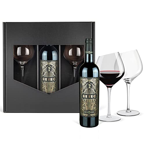 Geschenkset: Retro - der sprechende Wein (0,75 l) mit 2 Wertmann-living Rotweingläsern im Geschenkkarton Schwarz