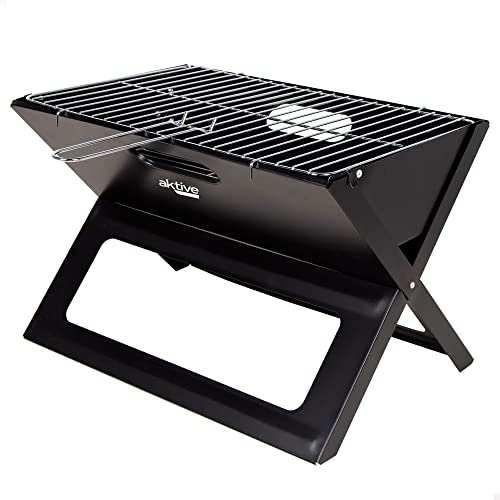 AKTIVE 63033 - Tragbarer und klappbarer Grill, aus Stahl, Schwarz und rechteckig, mit Tragegriff, Maße 45 x 29 x 30 cm, einfach zu montieren und zu transportieren, Grill Camping, Terrasse, Balkon