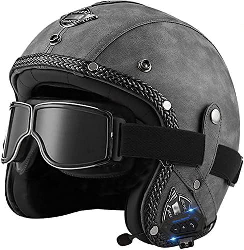 Motorradhelm Bluetooth Jethelme mit Visier 3/4 Open Face Motorrad Helm Herren Damen ECE Zertifizierung Retro Motorrad Halbhelm Scooter Roller Motorrad-Helm(Schwarz, braun) 2,M(57-58CM)