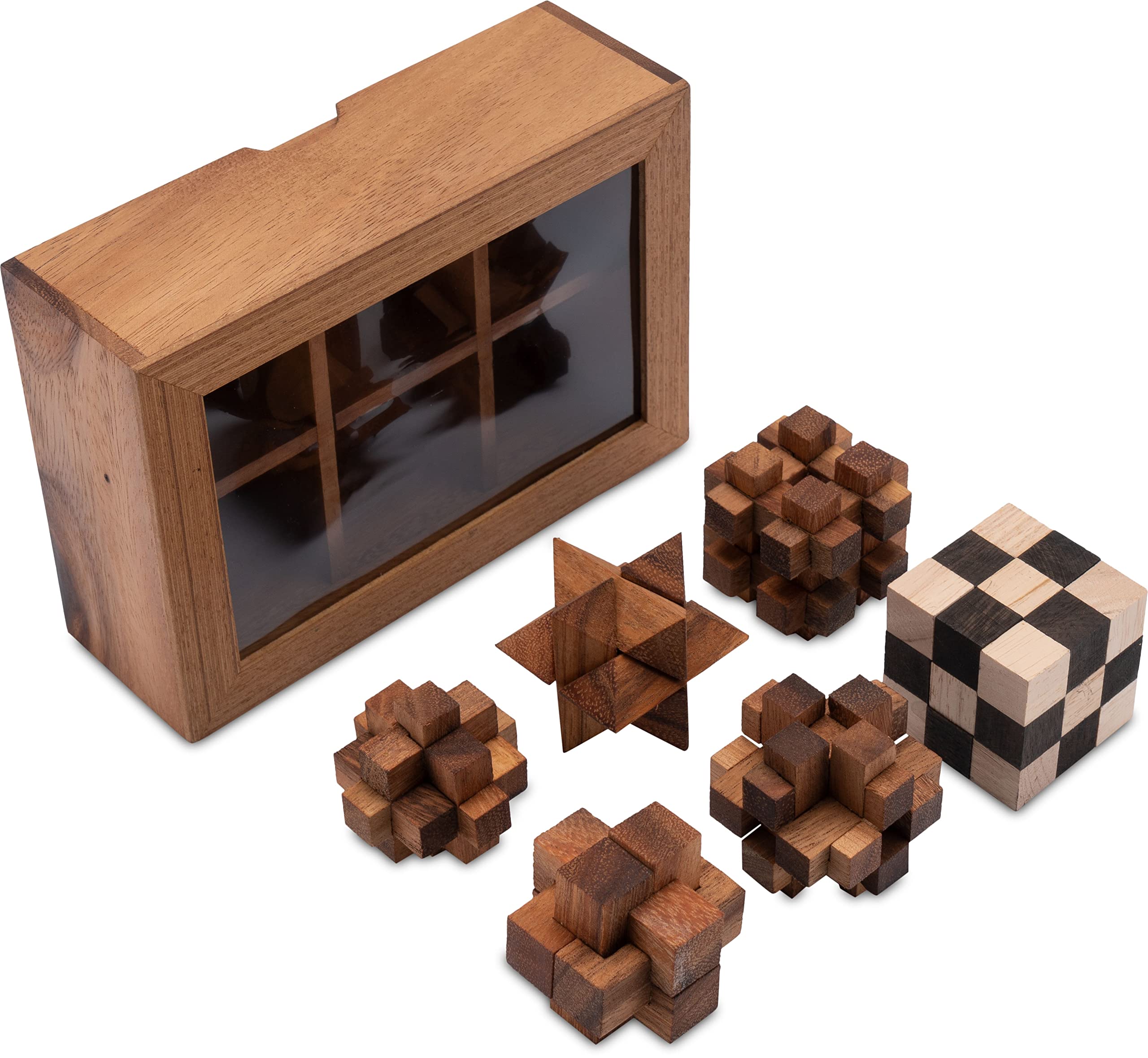 LOGOPLAY 6 Knobelspiele im Set - Spielesammlung 3D Puzzle - Denkspiele - Knobelspiele - Geduldspiele - Logikspiele in edler Geschenkbox aus Holz mit transparentem Deckel