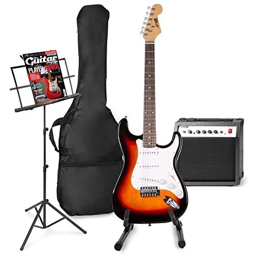 MAX GigKit E-Gitarre Set - Gitarrenverstärker 40 Watt, Elektrische Gitarrenset, Gitarrrenständer, Notenständer, Gitarrentasche, Stimmgerät, Instrumentenkabel, Gurt und Zubehör - Sunburst