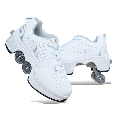 HUOQILIN Rollschuhe Unisexe Skates 2-in-1 Multifunktions Inliner 4-Rad Verstellbare Roller Skates,Verstecktes Rad Ice Skate,Einstellbare Rollschuhe Für Skaten,Laufen,White-38