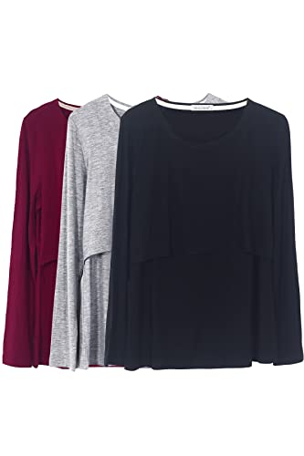 Smallshow Damen Langarm Schwanger T-Shirt Umstandsshirt Umstandstop Schwangerschaft Kleidung 3 Pack,Black/Grey/Wine,XL