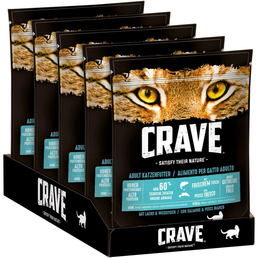 CRAVE Premium Trockenfutter mit Lachs & Weißfisch für Katzen – Getreidefreies Adult Katzenfutter mit hohem Proteingehalt – 5 x 750 g