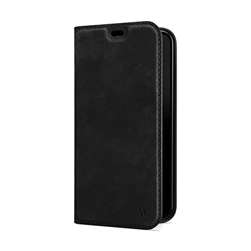 WIIUKA Hülle für iPhone 14 Pro, Leder aus Deutschland, mit Kartenfach, extra Dünn, Handyhülle mit Standfunktion, Tasche Vintage Schwarz
