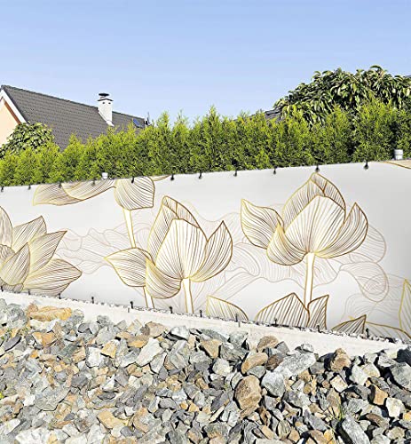 MyMaxxi Zaunbanner Sichtschutz - Abstrakt gezeichnete Blumen gold weiss - Abdeckung für Terrasse Zaun - Windschutz Sonnenschutz Blickdicht - Zaunverkleidung wetterfest Sichtschutz Zaun - Verkleidung -