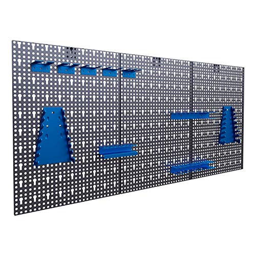 Werkzeuglochwand aus Metall mit 17tlg. Hakenset, ca. 120 x 60 x 1,5 cm, Werkzeug-wand Loch-wand für Werkstatt, Blau, Panorama24…