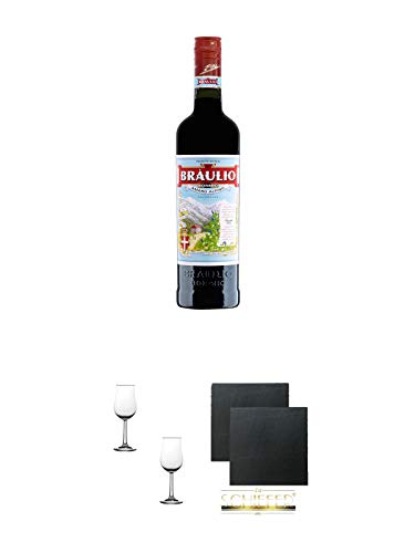 Braulio Amaro Kräuterbitter Italien 0,7 Liter + Nosing Gläser Kelchglas Bugatti mit Eichstrich 2cl und 4cl - 2 Stück + Schiefer Glasuntersetzer eckig ca. 9,5 cm Ø 2 Stück