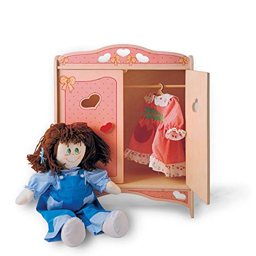 DIDA Puppenschrank aus Holz mit Garderobenstange für Puppen bis 50 cm Höhe- Farbe: Rosa