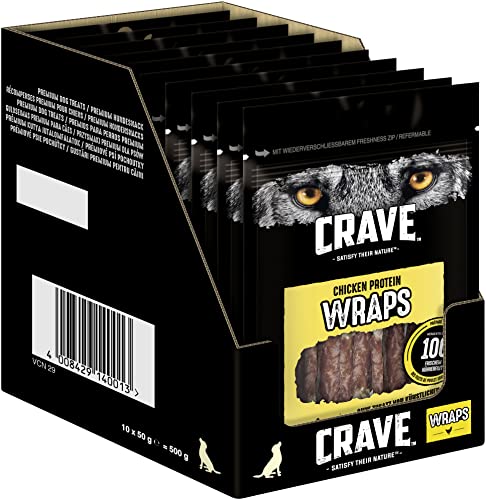 Crave Hundesnacks Huhn Protein Wraps, 10er Pack, 10x50g – Hundeleckerlis mit 100 Prozent frischem Hühnerfilet – Hergestellt mit natürlichen, tierischen Zutaten ohne Zusatz von Getreide