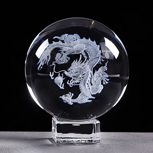 K9 Kristalldrache Ornament Kristallkugel 3D-Lasergravur chinesische Gragon Ornamente Glasloong Figuren Briefbeschwerer Tafelaufsatz Ornament mit Kristallbasis (6 cm)