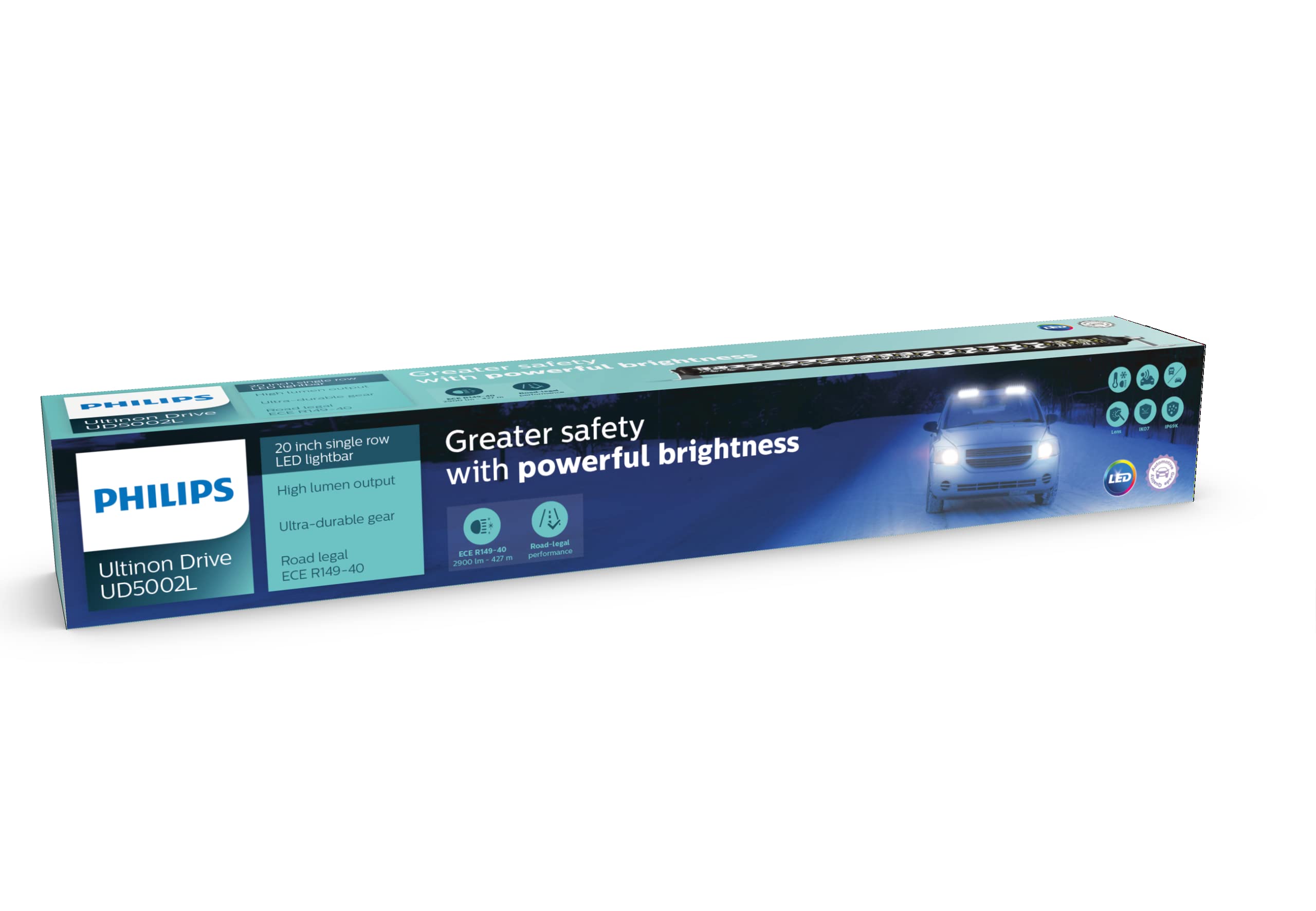 Philips Ultinon Drive 5002L LED-Zusatzscheinwerfer für Fernlichtfunktion, 20'' Single-Row LED-Lightbar, 12V/24V, 2.900 Lumen, bis zu +427 m Lichtstrahllänge, Straßenzulassung