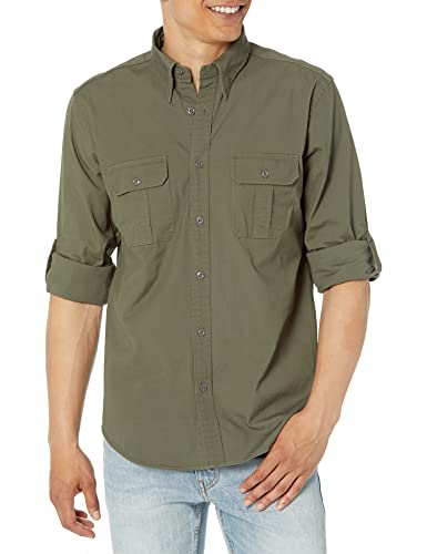 Brooks Brothers Herren Safarihemd aus Baumwoll-Stretch-Leinen, langärmelig, Knopfleiste Hemd mit Button-Down-Kragen, Dunkelgrün, XL