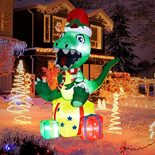 Aufblasbare Weihnachtsdekoration für den Außenbereich, Baby T-Rex, Weihnachtsdekoration, mit Geschenken, Weihnachtsmütze und LED-Lichtern, aufblasbare Hofdekorationen für den Außenbereich, Hof, Rasen,