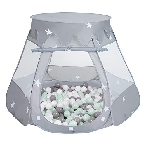 SELONIS Baby Spielzelt Mit Plastikbällen Zelt 105X90cm/100 Stück Bälle Plastikkugel Kinder, Grau:Weiß/Grau/Minze