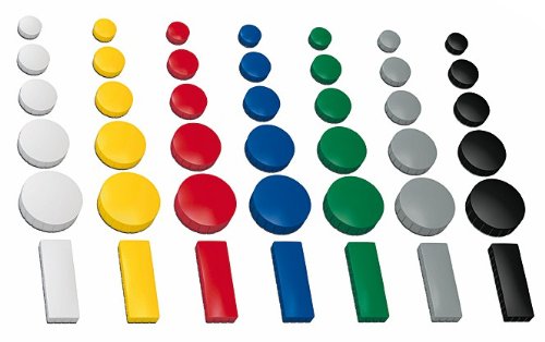 80x Magnete, farbig sortiert, 3 verschieden Größen Ø 24 + 32 + 54x19 mm Haftmagnete für Whiteboard, Kühlschrank, Magnettafel, Magnetset, XXL - 80 Stück