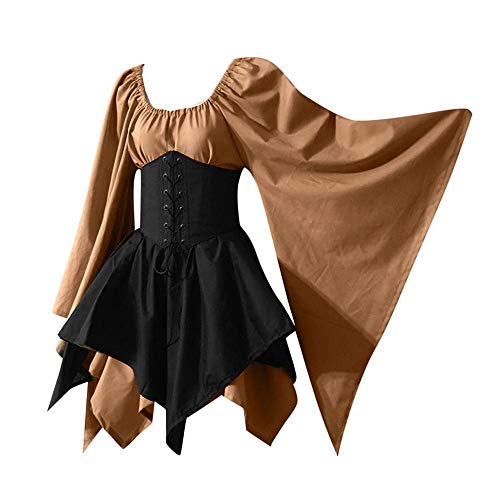 YEBIRAL Damen Mittelalter Kleid mit Trompetenärmel Gothic Retro Kleid Renaissance Cosplay Kostüm Gebunden Taille Übergröße Kleid Karneval Party Halloween Kostüm