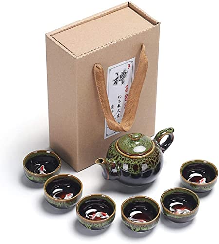 Chinesisches Kung Fu Teeservice Handbemaltes Porzellan (6 Tassen mit Teekanne), Fisch Keramik Teeservice Porzellan Handgefertigte Gravur Seladon Keramik Chinesische - Koi Fisch Design (Green-2)
