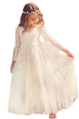 Babyonlinedress Elegantes Kleid für Mädchen, für Hochzeit/Brautjungfern/Abendveranstaltung, Prinzessin, eleganter V-Ausschnitt, lange Spitze Gr. 12-13 Jahre , elfenbeinfarben