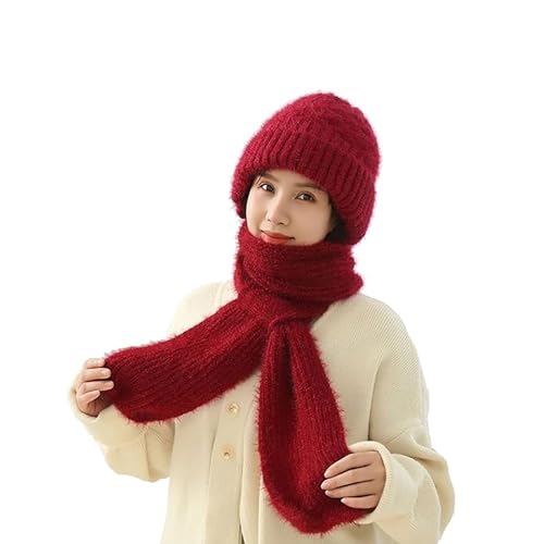 Pukmqu Integrated Ear Protection Windproof Cap Scarf, 2 in 1 Winter Warm Knitted Hat Scarf, Knitting Thickening Hat Winter (Wine Red,Einheitsgröße)