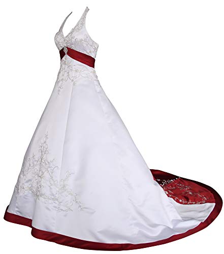 Romantic-Fashion Brautkleid Hochzeitskleid Weiß/Bordeaux Modell W085 A-Linie Satin Stickerei Zweifarbig DE Größe 36