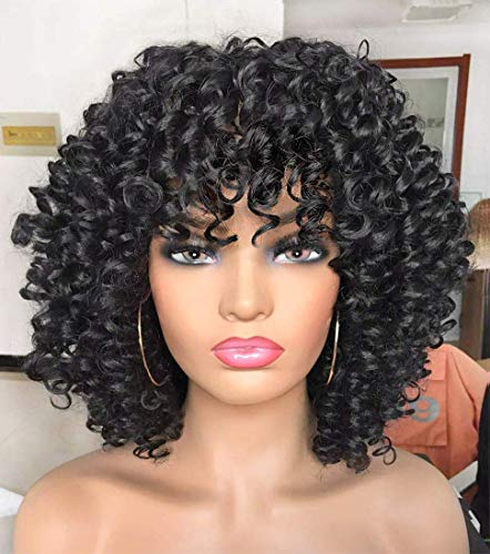 Afro Perücke lockig mit Pony kurze verworrene lockige Perücken für schwarze Frauen Kunstfaser weiches Haar schwarz kurze lockige für Cosplay Party