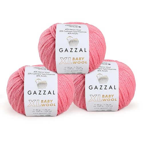 Gazzal Babywolle XL insgesamt 150 g, jeder Knäuel 50 g, 100 m, superweich, mittelkammgarn, 40 % Lana Merino, 20 % Kaschmir, 3 Stück Typ Polyester Amid, Pink - 828