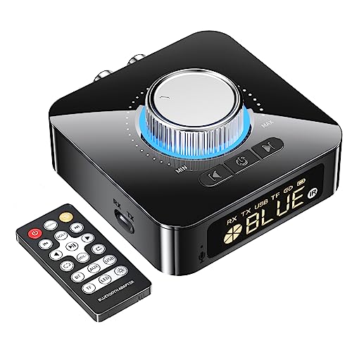Podazz Bluetooth 5.0 Empfänger und Sender, RCA/AUX Jack Wireless Audio Adapter mit Digitalanzeige, SD Karte/TF Unterstützung Geeignet für TV/Heimkino Stereo Musik Video System (Schwarz)