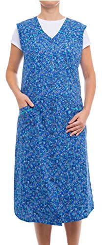 Tobeni Damen Kittelschürze Knopf-Kittel lang in 100% Baumwolle ohne Arm mit Taschen Farbe Design 40 Grösse 46