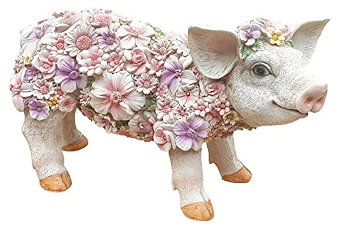 Dekofigur Schweinchen stehend mit Blumen lustige Gartendeko Tierfigur Ferkel Indoor Outdoor