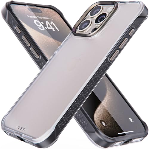 REBEL Clear Case for iPhone 15 Pro Max [Frosted Series Gen-5] Translucent Matte Texture, Grippy Sides, Non-Yellowing, Protective Shockproof Bumpers, Metal Lens & Buttons, 6.7 Inch Phone 2023