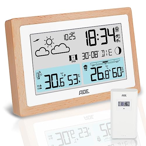 ADE Digitale Wetterstation Funk mit Außensensor | Innen- und Außentemperatur | Hygrometer, Barometer, Wettervorhersage | Lüftungsempfehlung | Funkwecker | Beleuchtung | Rahmen aus Holz
