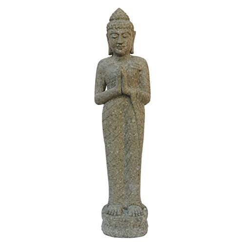 STONE art & more Buddha Figur, stehend,Handhaltung Begrüßung, 125 cm, Steinfigur. Steinmetzarbeit aus Lavastein (Basanit), wetterfest und frostfest