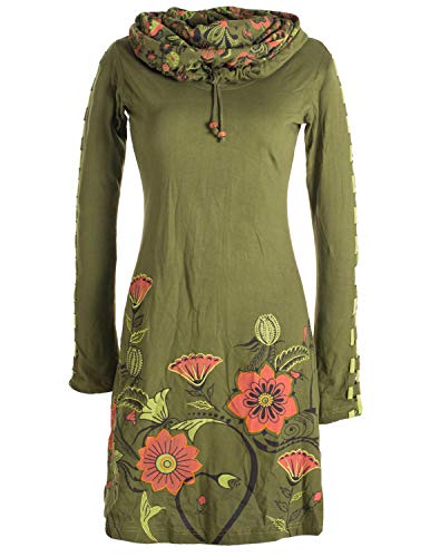 Vishes - Alternative Bekleidung - Langärmliges Blumenkleid aus Baumwolle mit Kapuzenschalkragen Olive 42