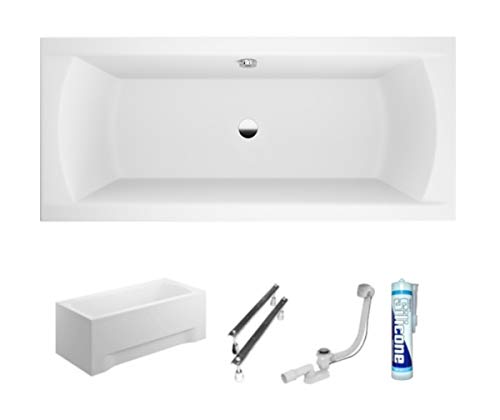 ECOLAM Badewanne Wanne Rechteck Ines Design Acryl weiß 190x90 cm + Schürze Ablaufgarnitur Ab- und Überlauf Automatik Füße Silikon Komplett-Set, Rechteckbadewanne für Zwei