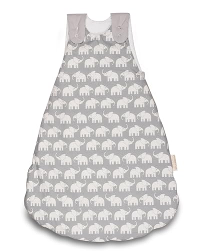 ULLENBOOM ® Schlafsack Baby 0 bis 3 Monate, 56/62, Graue Elefanten (Made in EU) - Baby Schlafsack Neugeboren - Ganzjährig für Frühling, Herbst und Winter, Babyschlafsack mit 2,5 TOG