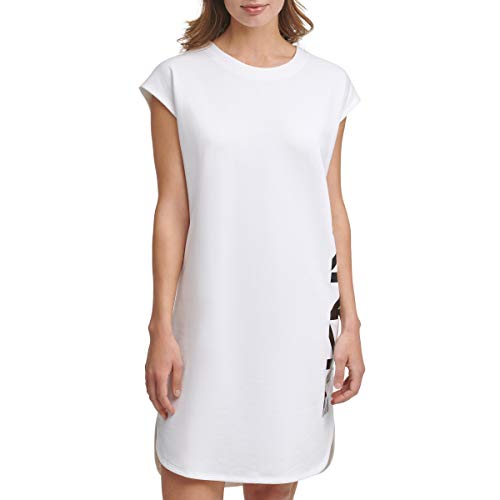 DKNY SPORTSWEAR Women's Cap Sleeve Logo T-Shirt Casual Dress, White, M