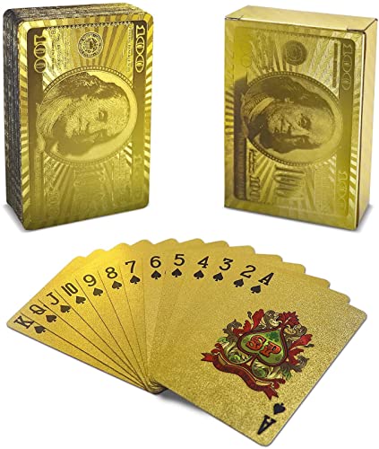 2 Decks von Spielkarten, Dollars Luxus Silberfolie wasserdichte Pokerkarten Standard Index für Tischspiel, Party, magische Requisiten (Gold)